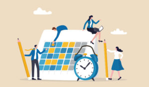 Calendar with people around it and a mini clock