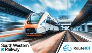 Train on train tracks with blurred out background