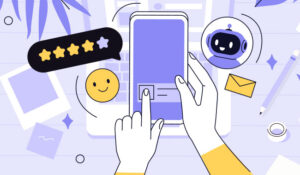 Person holding a smart phone with a robot icon and 5 stars