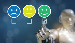 Robot pointing to a smiley face