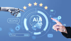 Robotic and human hands pointing at AI interface with five-star rating on futuristic blue background,