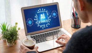 Laptop with the words 'AI Ethics' on it