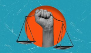 Balance concept with hand holding scales