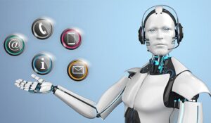 Robot with a headset on and different icons