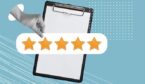 Person holding 5 stars over the top of a clipboard