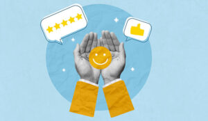 CX delivery concept with hands holding smiley face with thumbs up and five star rating