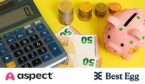 A calculator, piggy bank, and euro banknotes on a bright yellow background