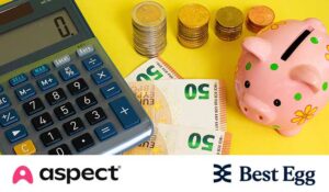 A calculator, piggy bank, and euro banknotes on a bright yellow background