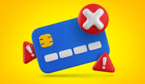 credit card with red cross mark and exclamation sign