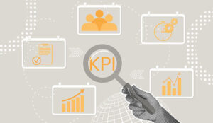 KPI review concept with magnifying glass over KPI with performance icons