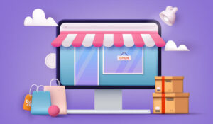 Computer screen on a shop with shopping bags next to it