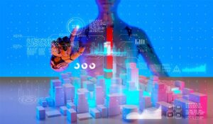 AI robot pointing to a digital screen