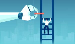 Robot hand placing ladder steps for human to climb up