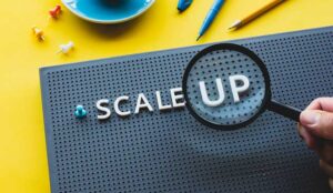 Scale up written on board with magnifying glass