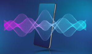 Voice assistant sound wave with smartphone mockup.