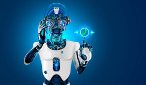 Robot with a headset on analysing calls