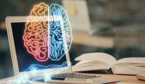 AI education concept with digital arm and brain alongside books and laptop