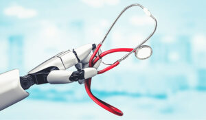 Robot hand holding a stethoscope