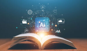 A book open with the word AI above it - AI Knowledge Management Concept