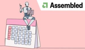 Single one line drawing robotic artificial intelligence sitting on giant desk calendar holding laptop raise one hand