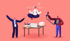 Person meditating in busy workplace