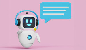 3D Robot with a call centre headset on and a speech bubble out the top