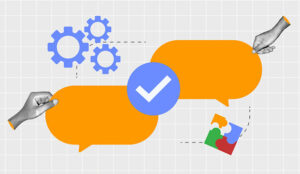 Correction concept with two speech bubbles and a tick mark