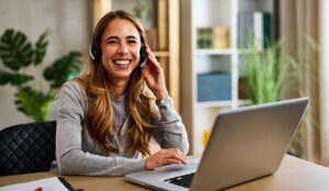 Happy call centre agent wearing headset and working remotely from home