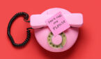 Pink retro telephone and sticker with text DON'T CALL ME PLEASE on red background