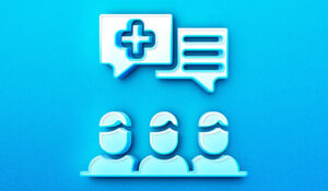 3 outlines of people with a messaging symbol above and a medical symbol
