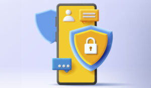 3d render illustration of a smartphone with shield and messages, a concept of security and privacy, safe chat, protection