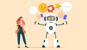 Happy AI robot holding icons being reviewed by person with a pad