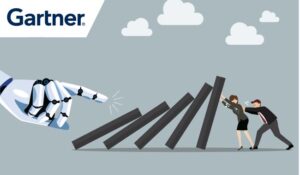 People pushing hard against falling deck of domino tiles by robot hand