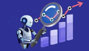 Robot using magnifying glass to analyze rising graph with checkmarks.