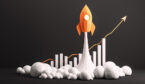 Orange rocket launching among clouds with upward graph bars and arrow on black background