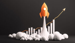 Orange rocket launching among clouds with upward graph bars and arrow on black background