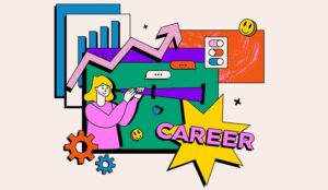 Bright career planning illustration with a person looking through a telescope, with a bar chart, gears, arrows.