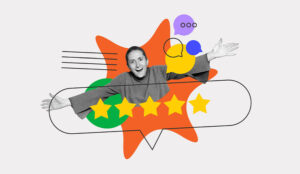 Happy customer who feels special with a five star rating and speech bubbles