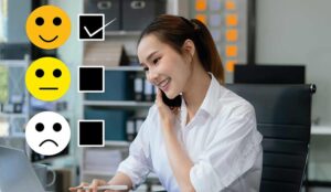 Person checking happy whilst on a call