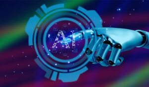 Robot pressing a button that says AI