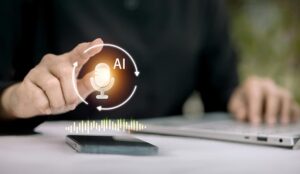 AI and voice concept with icons over a mobile phone