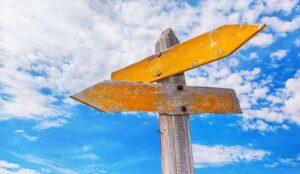 Rustic yellow crossroads sign against a cloudy blue sky.