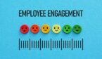 Employee engagement written on blue background with coloured faces showing emotions