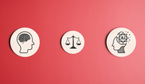 Human and ai balance concept on red background