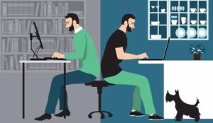 Person in hybrid work place sharing time between an office and working from home remotely,