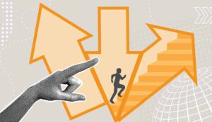 Concept of the path to success and outcomes, with person pointing to staircase