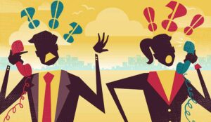 Illustration of two people shouting down telephones