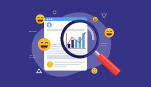 Sentiment analysis concept with a magnifying glass examining a positive bar chart on a document surrounded by happy emoji faces