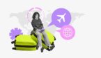 Collage of traveller sitting on suitcases with digital travel icons.