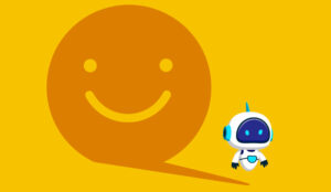 Robot standing shadow of a smiling face emoji reflects leadership. Flat vector illustration